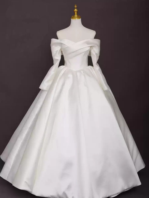 Off the Shoulder Long Sleeve Wedding Dress – Simple White Wedding Dress - Satin Wedding Dresses Long Sleeve with Corset Back Plus Size